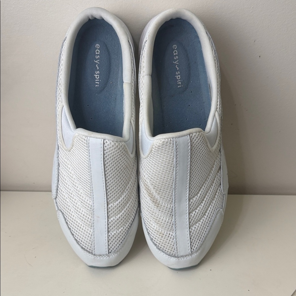 Easy Spirit White Mesh Slip-On Sneakers with Blue Insoles, Size: 9.5